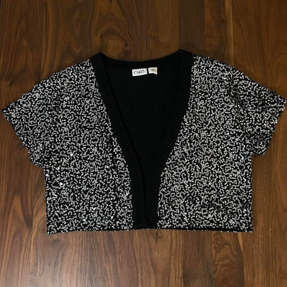 Vintage Y2K Sequin Women's Shawl Short Sleeve Black Silver Sparkle 2000's - Medi